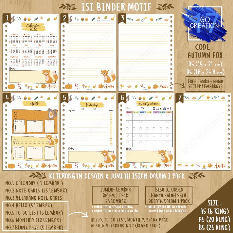 

Buku Planner isi Kertas Binder Motif Autumn Fox 01 Premium A5 ring 20 dan A5 ring 6