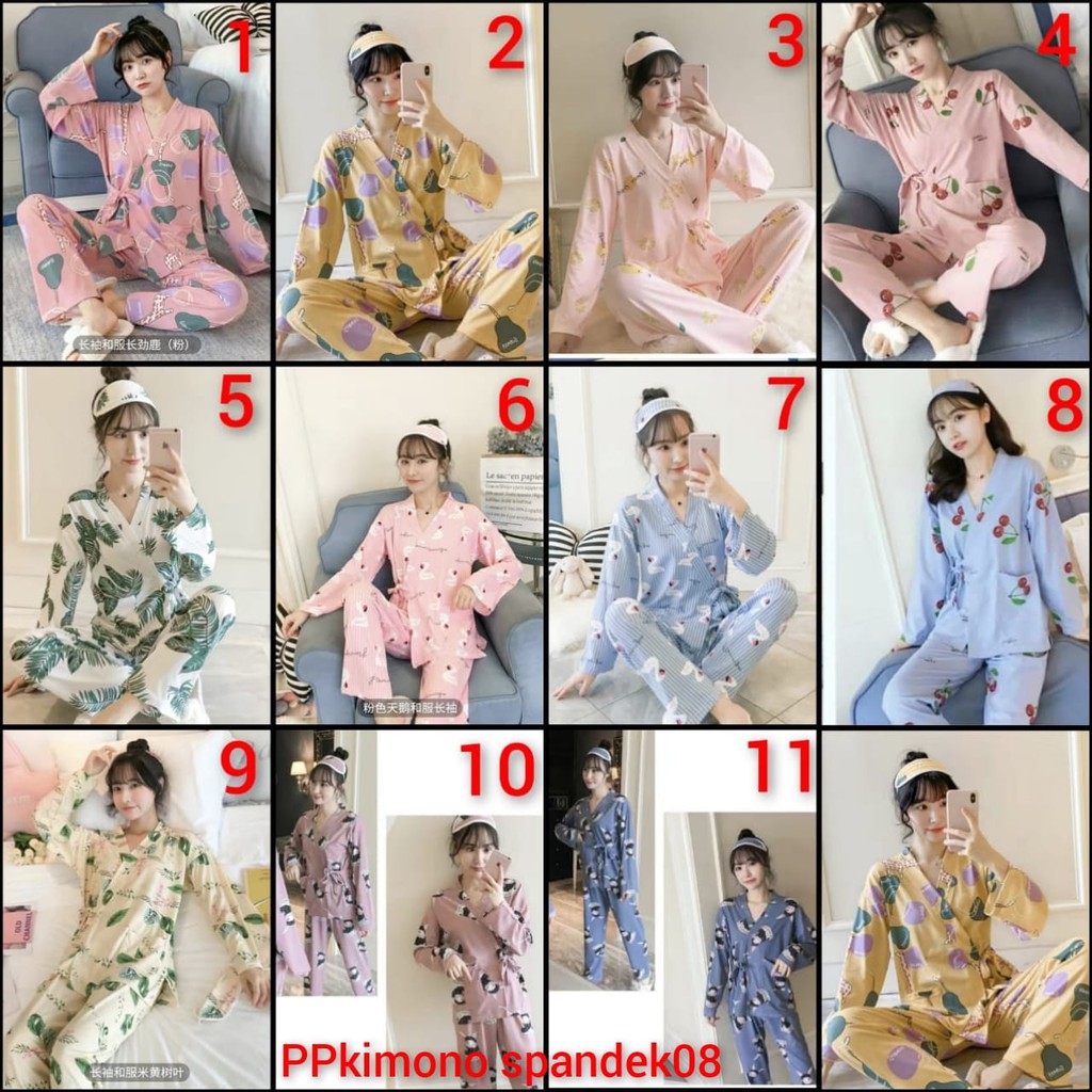 Baju tidur kimono lengan panjang celana panjang bahan spandek import halus adem PPkimono08