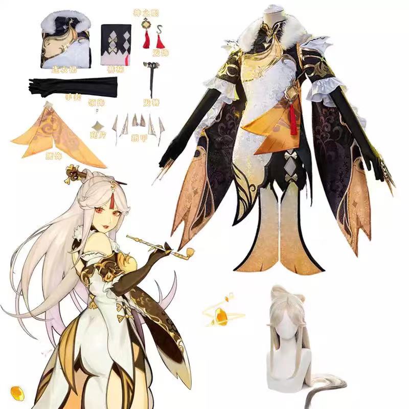 Genshin Impact Ningguang Cosplay Costume Halloween Anime Coplay Wig Includes Socks Nails Headwear