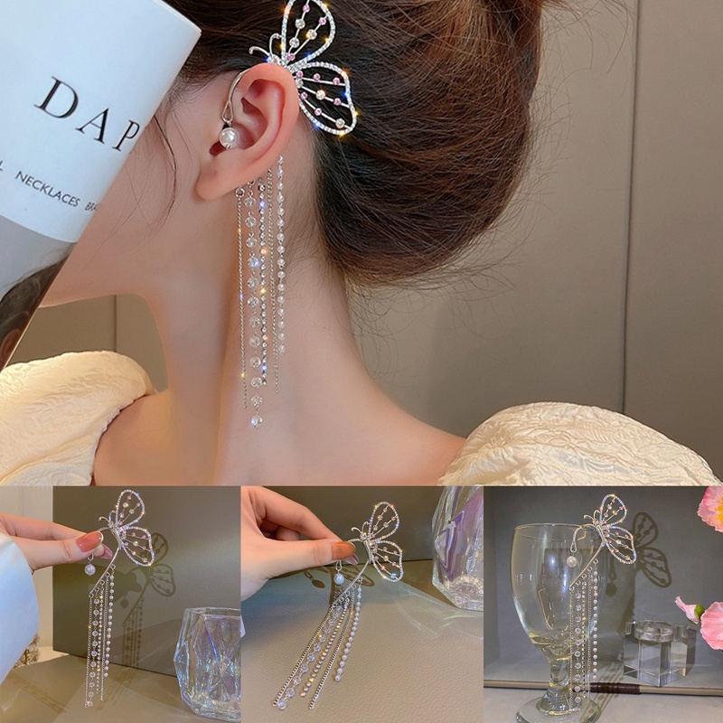 1pc Anting Klip On Gantung Panjang Wanita Desain Kupukupu Hollow Hias Kristal Mutiara