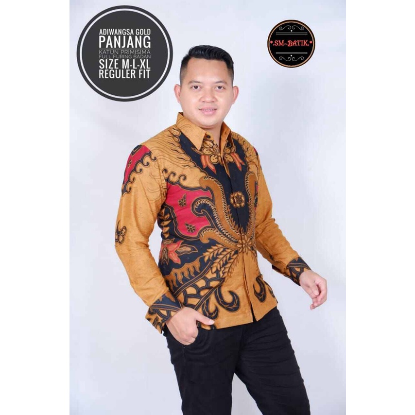 Kemeja batik pria terbaru 2022 warna emas / batik pria lengan panjang warna gold terbaru / kemeja batik premium terbaru warna emas / baju batik pria warna gold / kemeja batik lapis furing bahan katun premium warna gold / kemeja batik panjang  ADIWANGSA