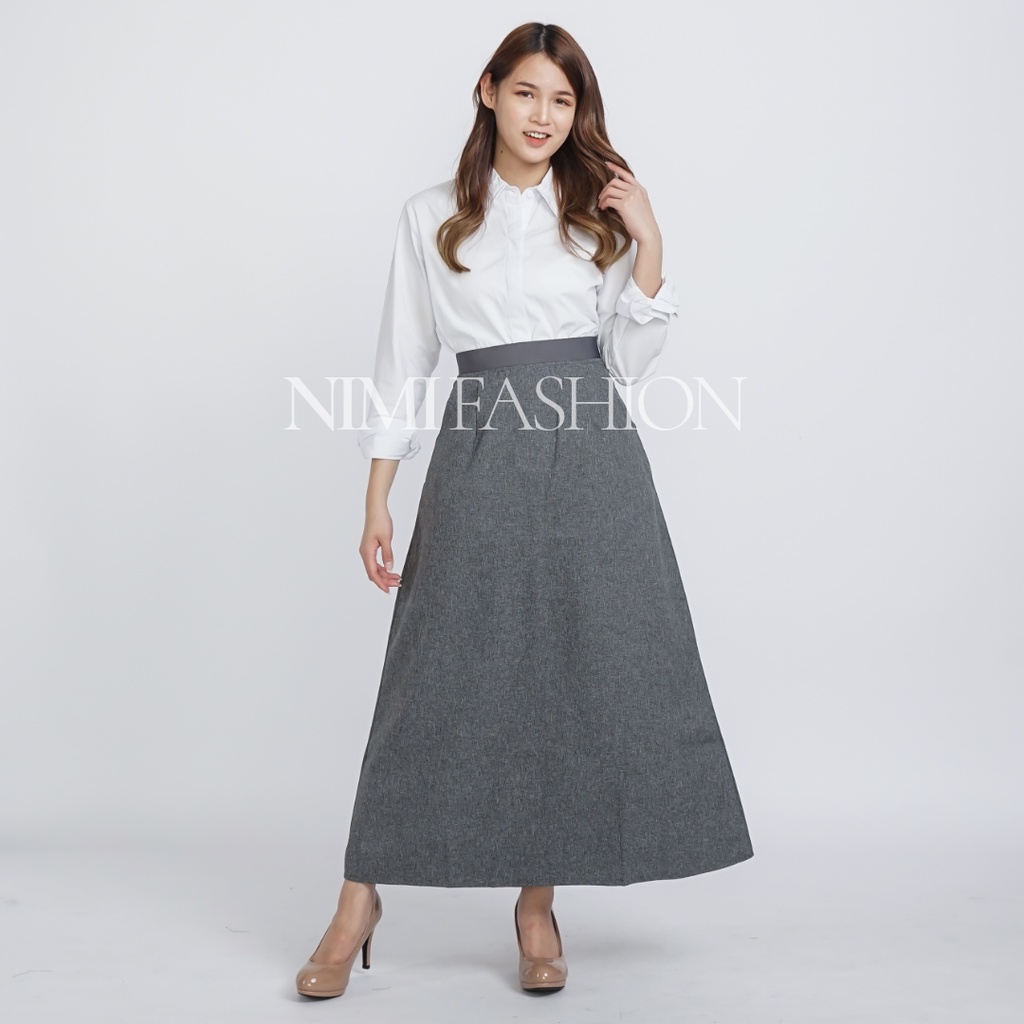 Rok Kerja Wanita Panjang Pinggang Karet Model A-line Formal Muslimah-4