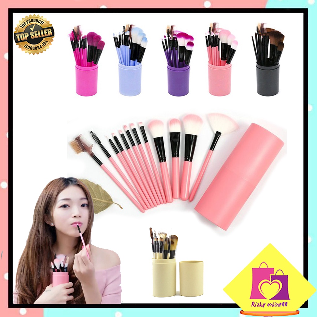 Rizkyonline88 kuas make up tabung 12pcs make up brush 12 set in 1 tube import murah