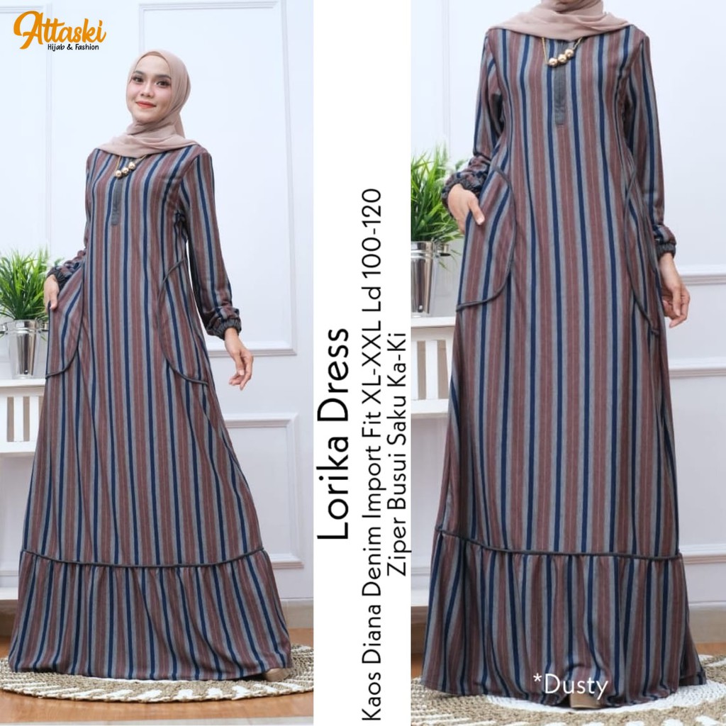 Lurika Dress Maxy Diana Denim -  Gamis Maxy Calvin Jeans Motif Lurik