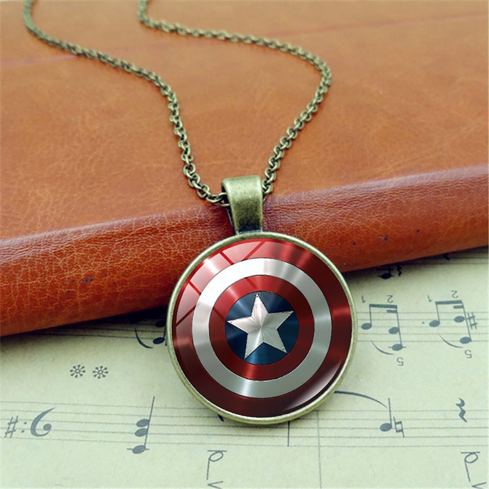 Hu Hu Hu Hu Hu Alat Bantu Pasang Kacamata♡ Kalung Rantai Dengan Liontin Kaca Cabochon Gambar Perisai Captain America Avenger