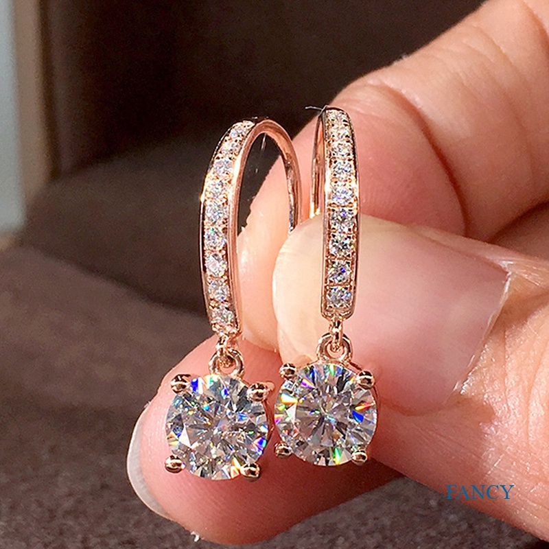 Anting Drop Liontin Cubic Zirconia Bentuk Bulat Warna Rose Gold Untuk Pengantin Wanita