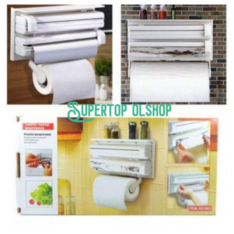 Triple Paper Kitchen Dispenser 3 in 1/ Tempat Tissue/Cling Wrap Aluminium Foil