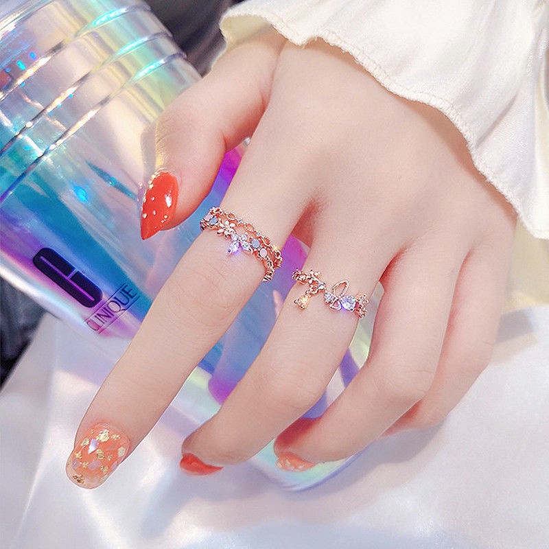 Cincin Model Terbuka Lapis Ganda Desain Bunga Gaya Korea Untuk Wanita