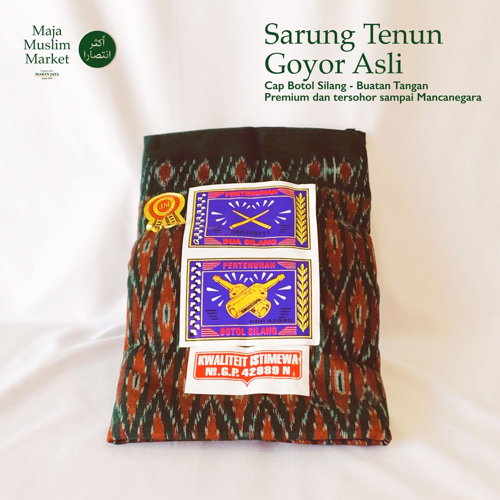 SARUNG TENUN GOYOR LEGENDARIS DIJAMIN ASLI - BOTOL SILANG HIJAU - BUATAN TANGAN, MESIN KAYU