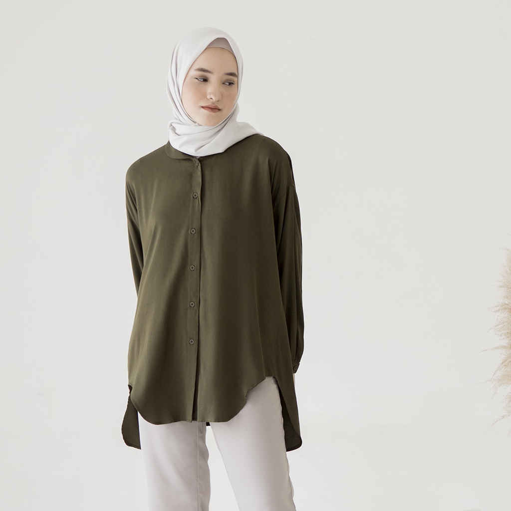 Alka by Aska Label - Atasan kantor full kancing, busui dan wudhu friendly warna Putih, Olive, Sage, Raspberry, Navy, Latte, Black