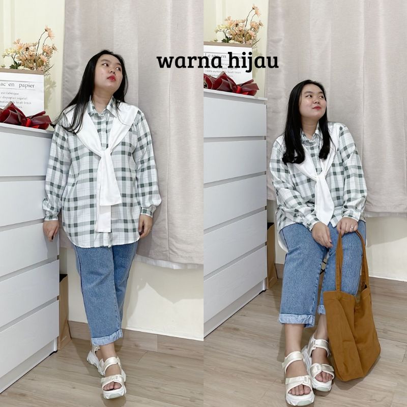 NEW ARRIVAL! KEMEJA MOTIF KOTAK-KOTAK SYAL BIG SIZE OVERSIZE JUMBO LD 130CM KOREAN STYLE MURAH