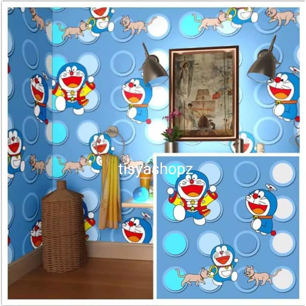 Wallpaper kartun Doraemon Polkadot Biru Lebar 45cm x Panjang 9 meter