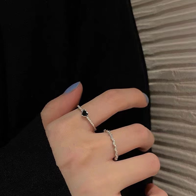 2 dalam 1 Cincin Hitam Enamel S925 Perak berbentuk Hati Perhiasan Fashion Wanita Set Baja Titanium Rings Ukuran Teleskopik