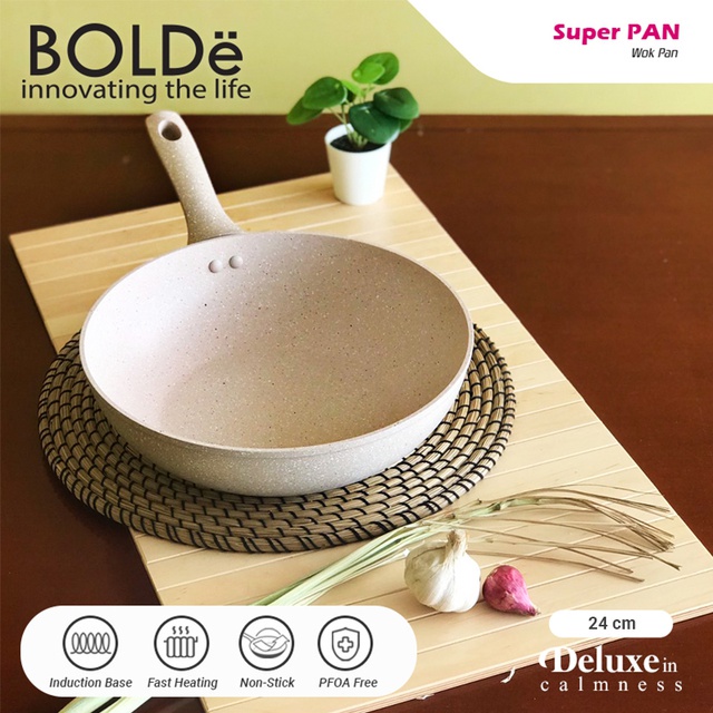 Bolde Super Pan Beige Blackpink 24 cm Panci Penggorengan Deep Wok 24 Bisa Kompor Induksi | Stir Fry Wajan Anti Lengket Granit 24cm | Granite