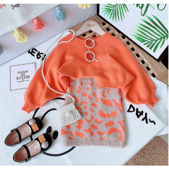 setelan rajut anak import / baju anak import OREN CROP + ROK