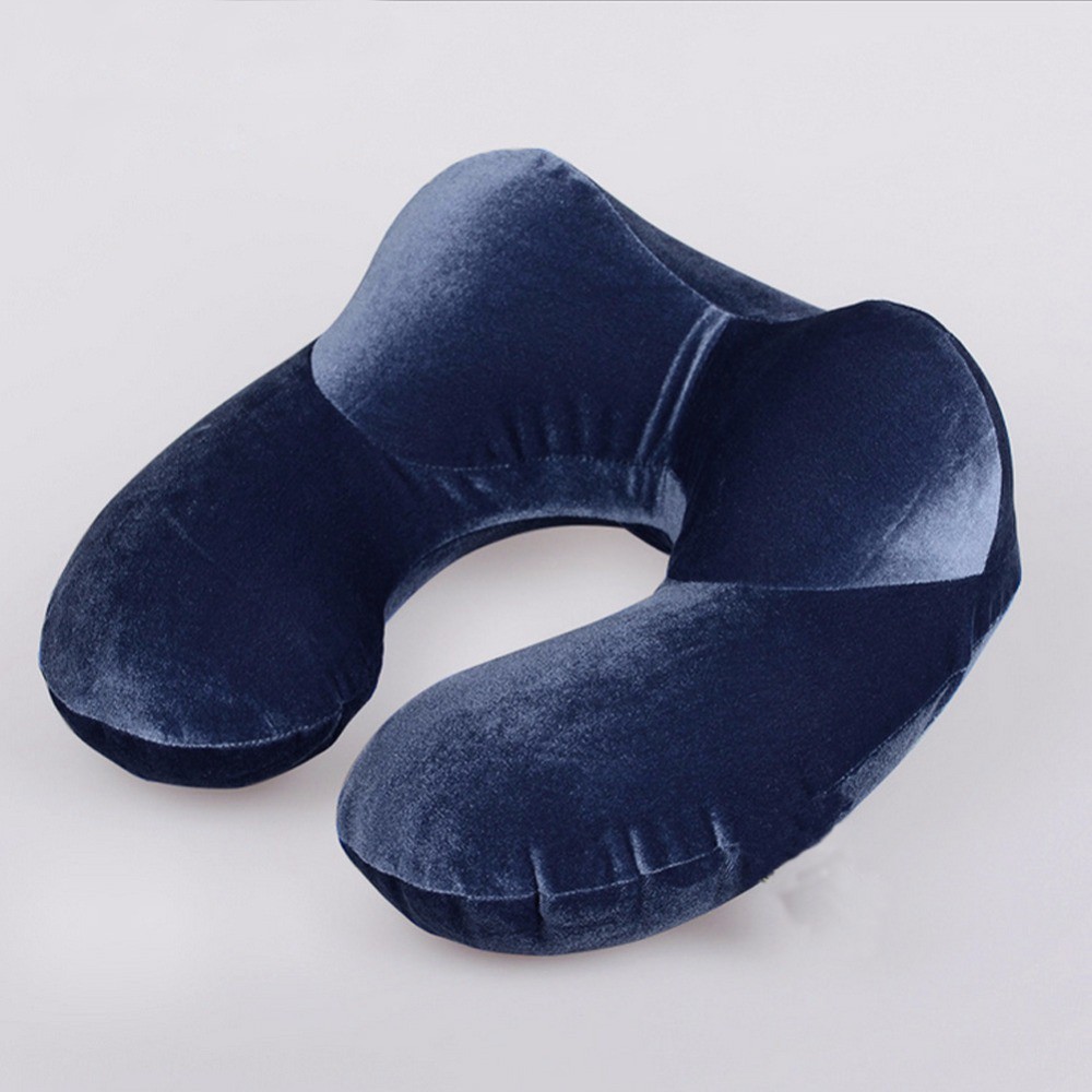 YMYQ Bantal Leher U-Shape Inflatable Travel Neck Pillow - 300TC - Dark Blue