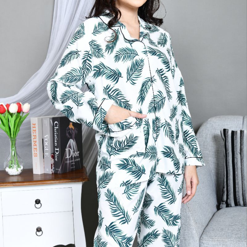 Baju Tidur Piyama Wanita/Cewek Pajamas Dewasa Katun Motif Coco Daun PP Lengan Panjang Kekinian