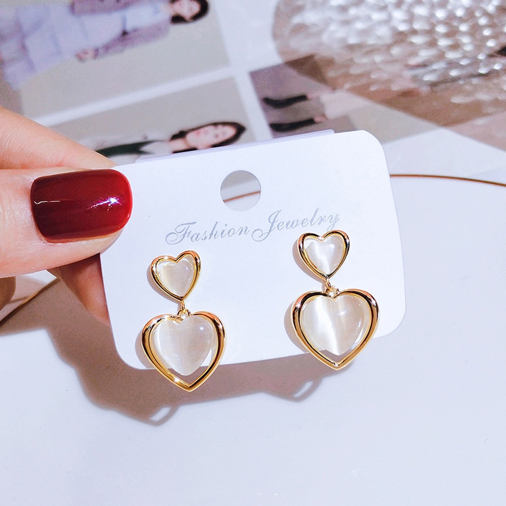 Opal Love Heart Earrings 925 Silver Needle Korean Simple Heart-shaped Earrings Women Jewelry Accessories