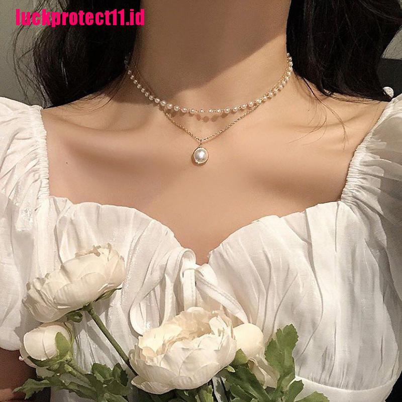 Kalung Rantai Choker Liontin Mutiara Lapisan Ganda Untuk Perempuan