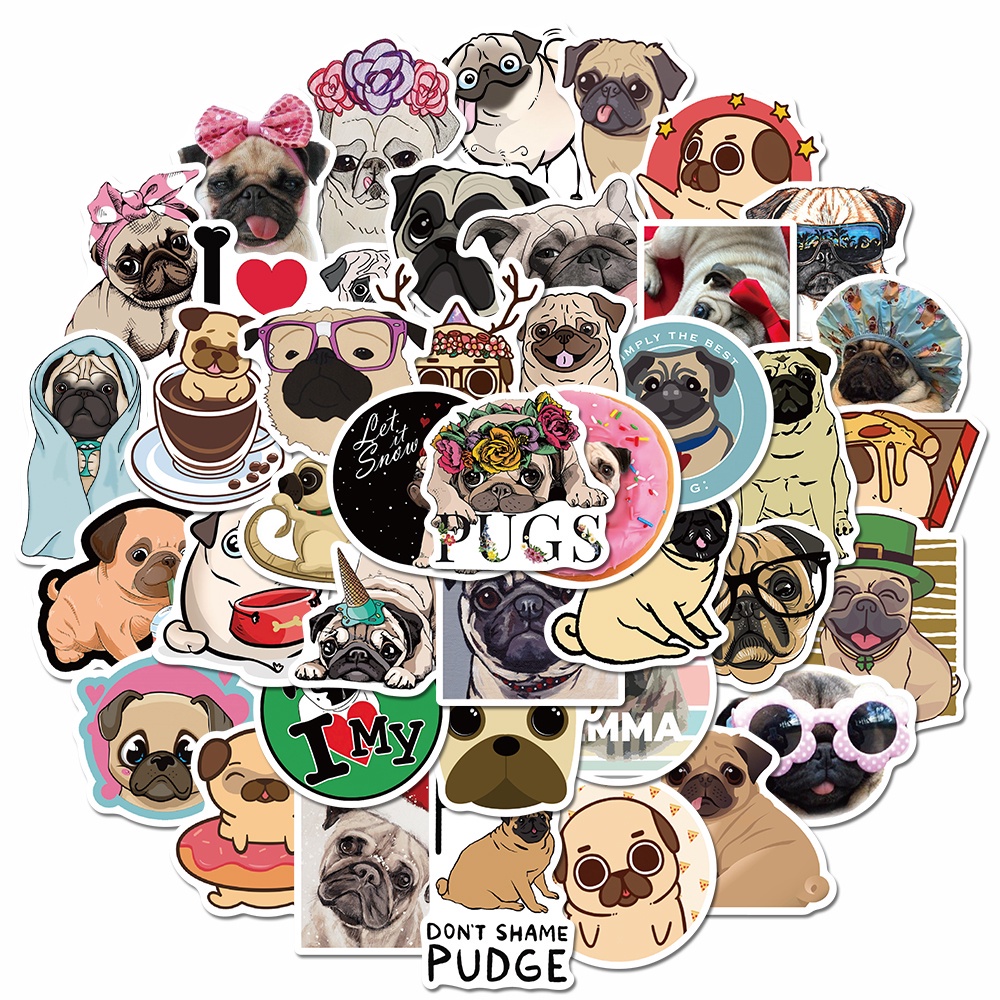 [In stock] 50pcs cute pug cartoon stickers, funny hand account stickers, children's toys, computer waterproof stickers