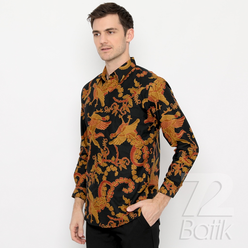 BATIK PRIA LENGAN PANJANG Kemeja Hem Slimfit Premium Motif Burung Warna Hitam Kuning 721007 CAP 72 - Baju Kemeja Atasan Pakaian Setelan Batik Pria Cowok Laki Laki Remaja Keluarga Kantor Lengan Panjang Modern Slimfit Slim Fit Premium Kekinian