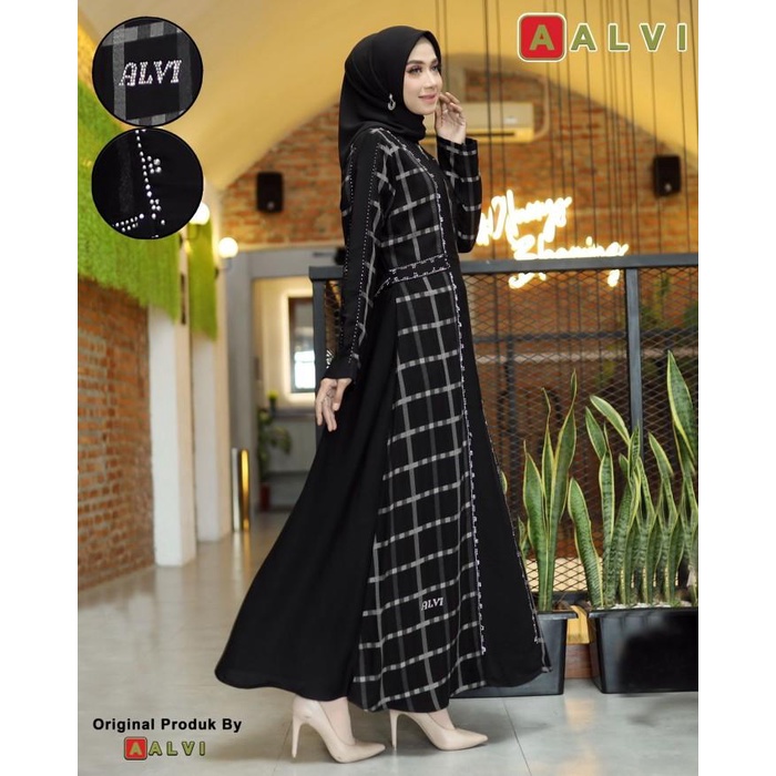 Gamis Arab Hitam/Abaya Arab mewah bahan fursan premium motif kotak 3