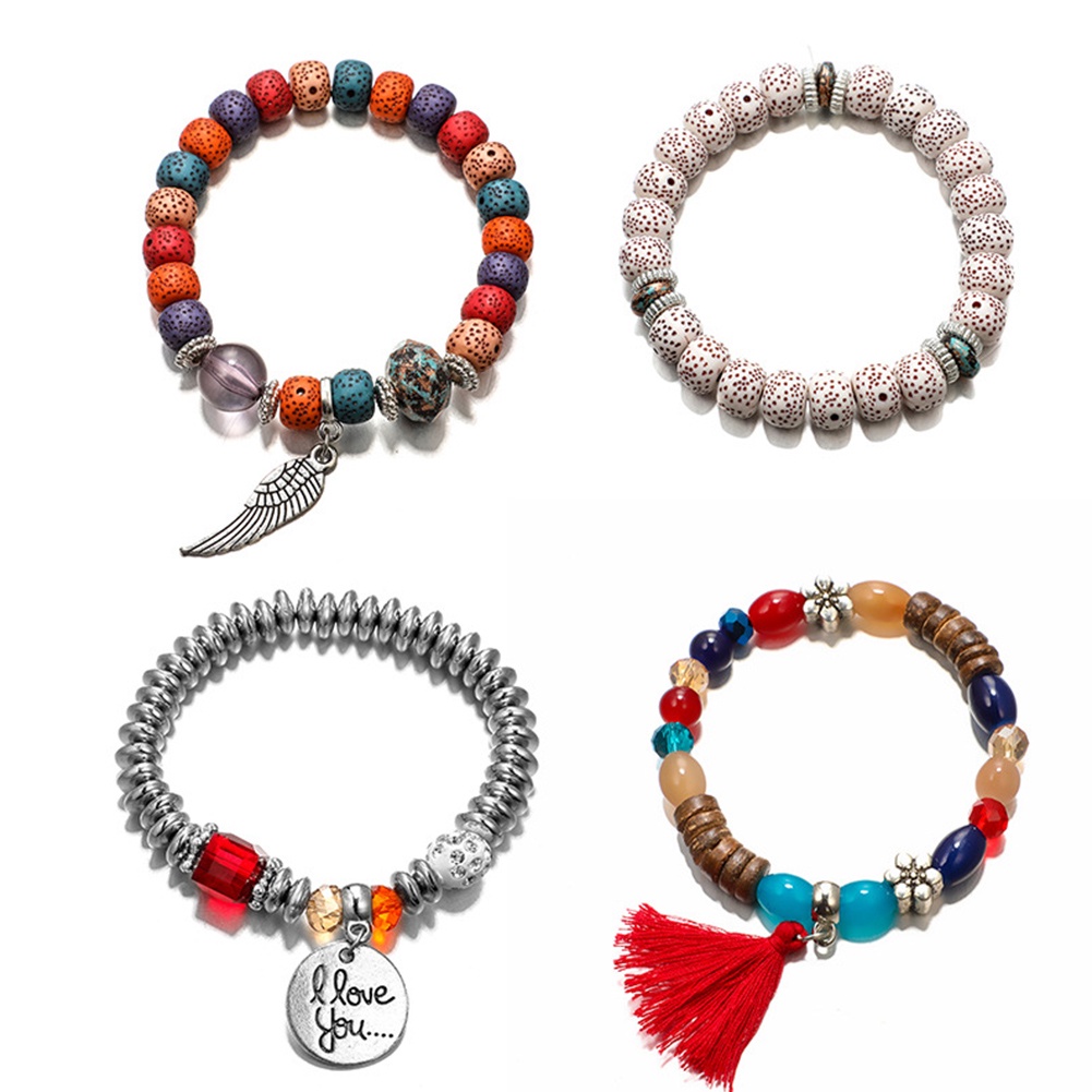 Hu Hu Hu Hu Hu Alat Bantu Pasang Kacamata♡ 4pcs / Set Liontin Manik-Manik Bunga Tulisan Aksen Rumbai Gaya Bohemian Untuk Wanita