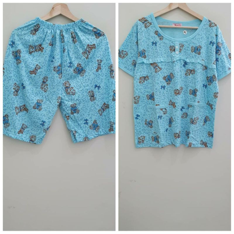 Baju tidur setelan beris celana 3/4 jumbo toska
