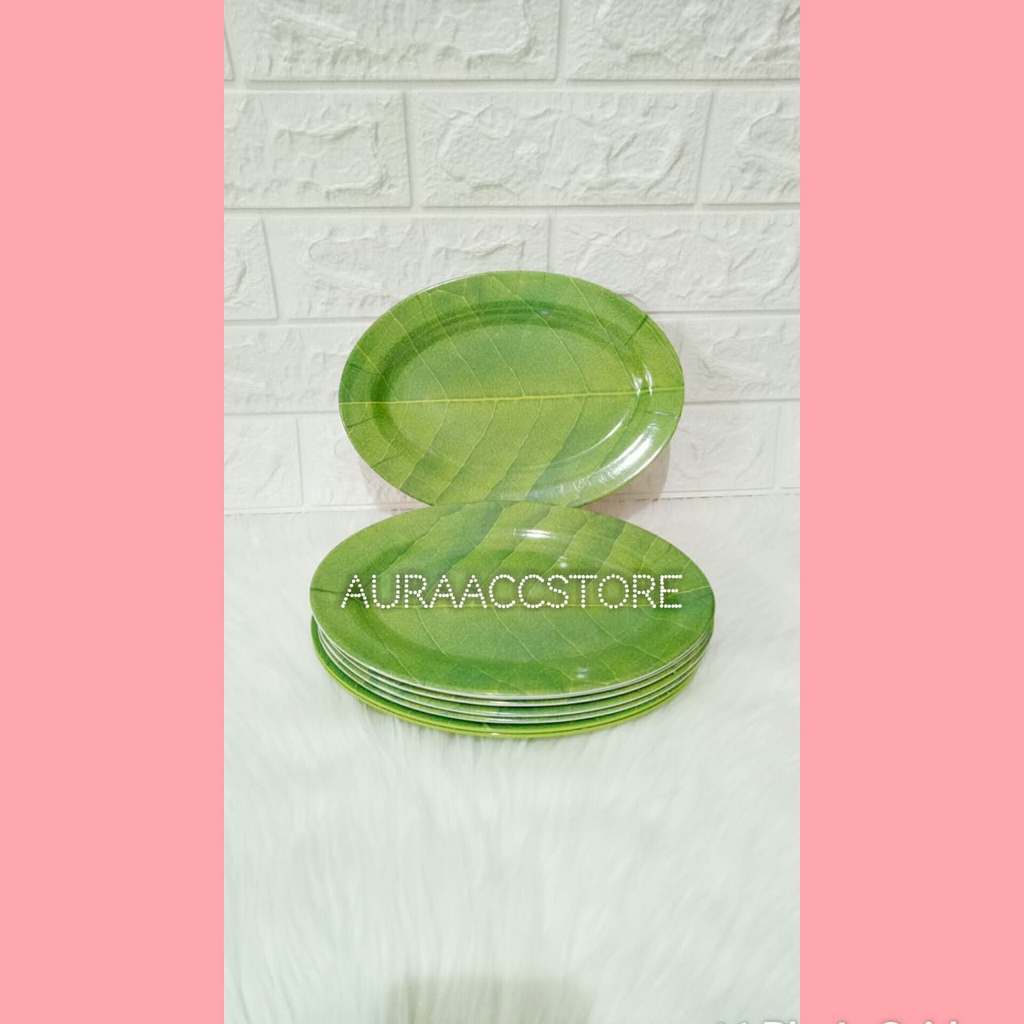 3pcs piring melamin/ bentuk lonjong/ ukuran 8inc/warna hijau/ motif daun/ best quality/ termurah