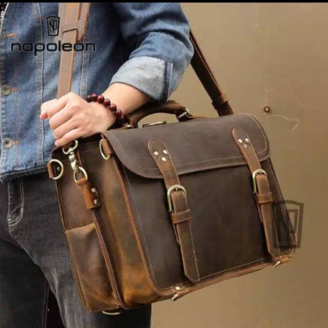 Tas Ransel Selempang Kulit Sapi Asli Crazy Horse Messenger Laptop Briefcase