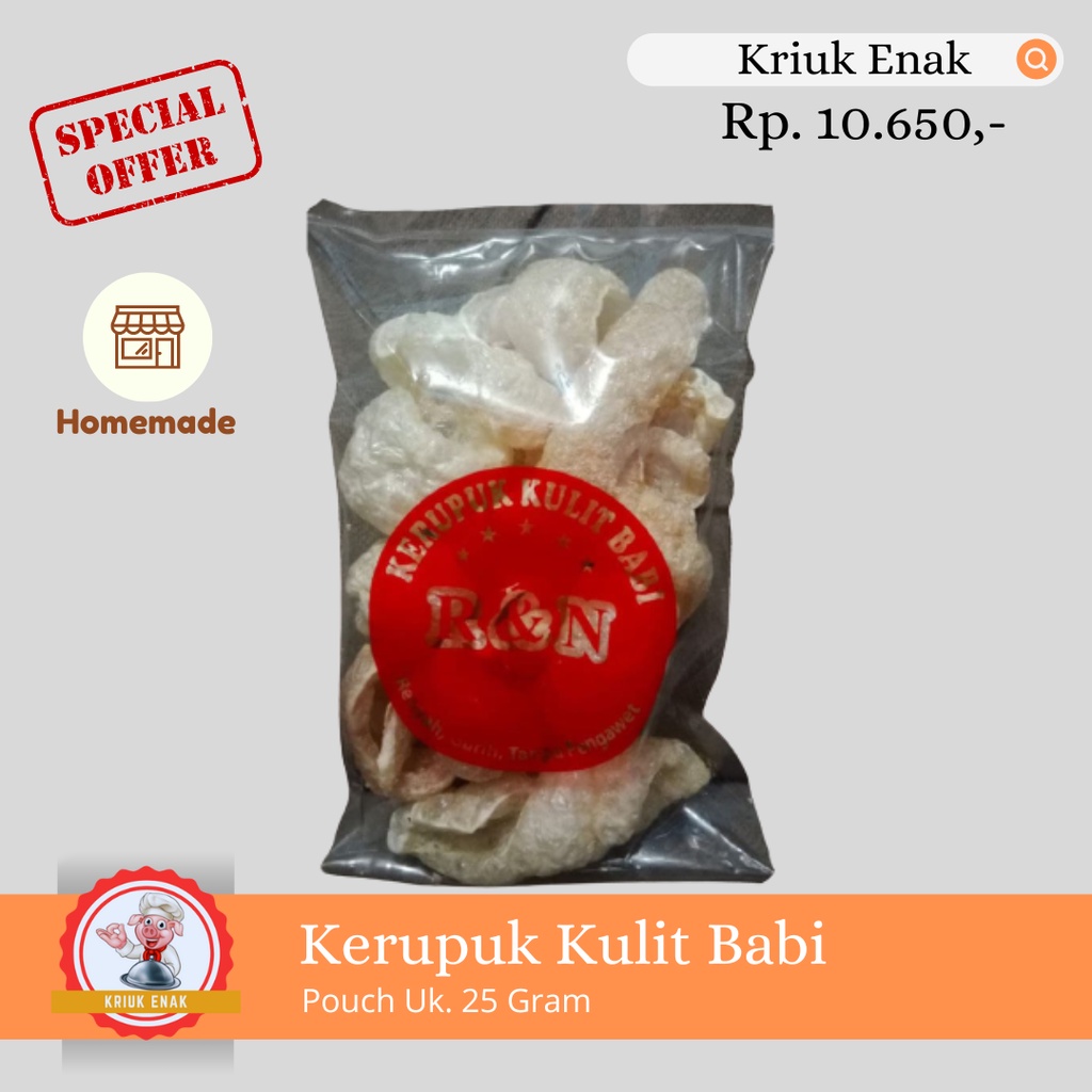 

KERUPUK KULIT BABI RENYAH DAN GURIH - KEMASAN POUCH UK 25 GRAM