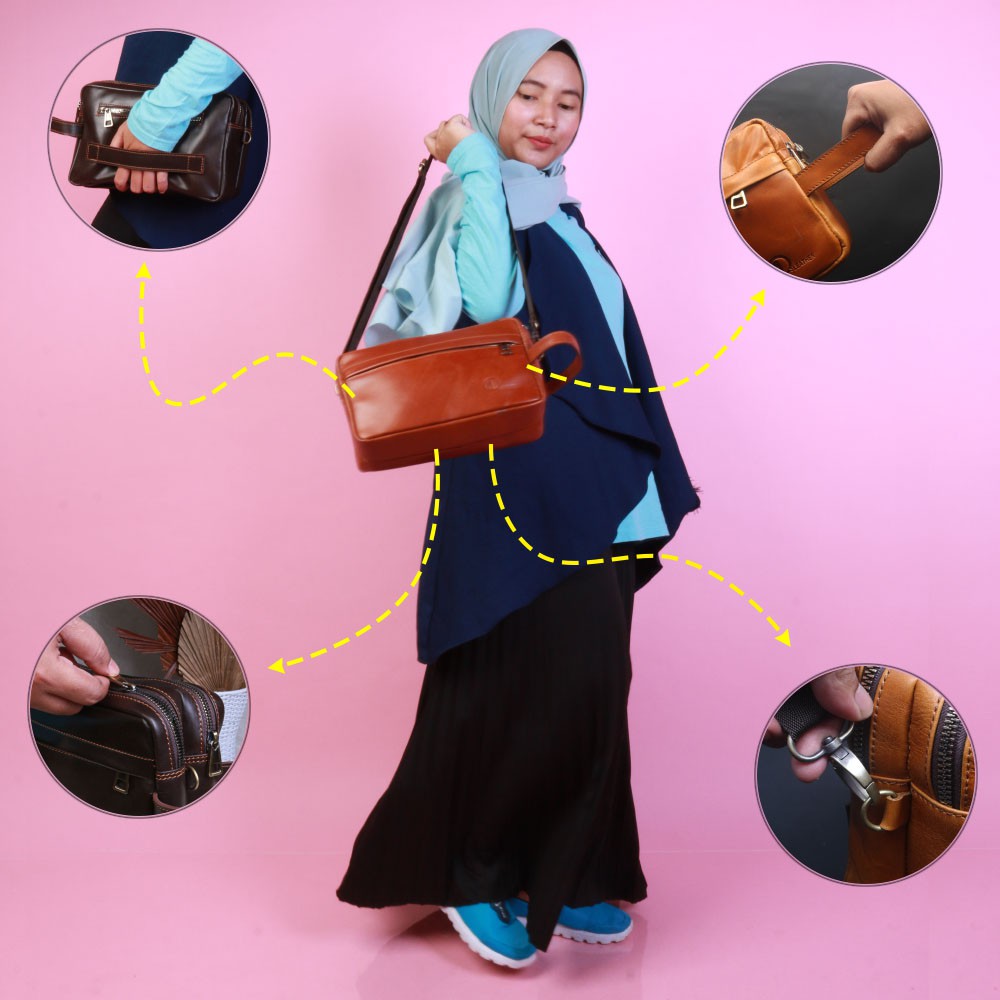 POUCH 2 KULIT ASLI PREMIUM TAS KULIT 3 FUNGSI PEMAKAIAN BERBEDA HANDBAG SLING BAG DAN POUCH 2