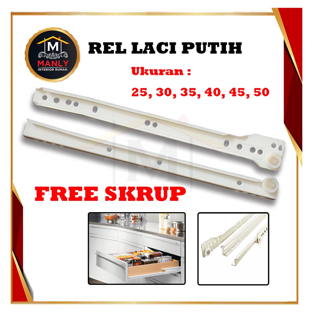 Rel Laci Lenaga By Huben 25 cm 1 set (2 pcs).... Biasa Roda Singel Track Putih Free Skrup