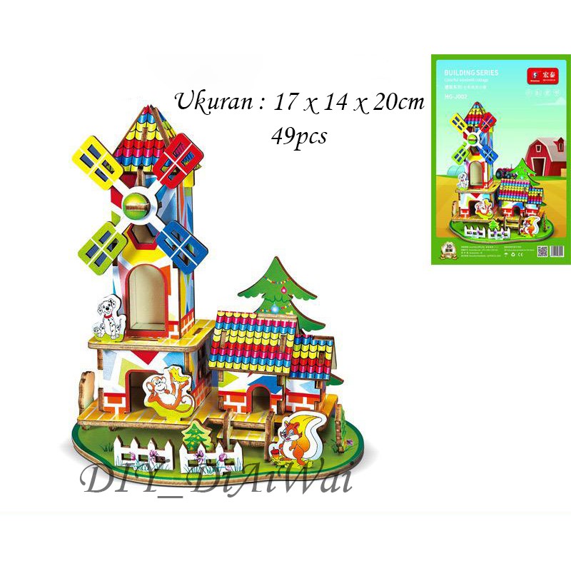 Puzzle 3D DIY bahan kayu COLORFULL WINDMILL COTTAGE mainan puzzle edukasi anak (kado &amp; pajangan)