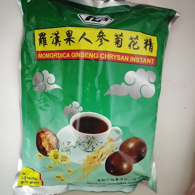 

Lo Han Kuo Sachet. MOMORDICA GINSENG CHRYSAN INSTANT. ISI : 20sachet @ 10 gram. Membantu meredakan panas dalam yang disertai tenggorokan kering .