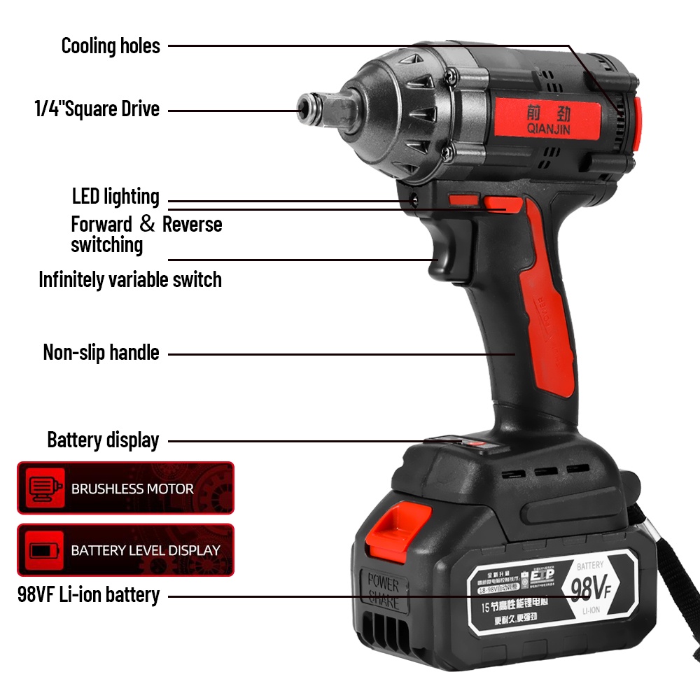 650N. M Cordless Impact Wrench 98V Brushless 98V Bor Obeng Kunci 98 Volt