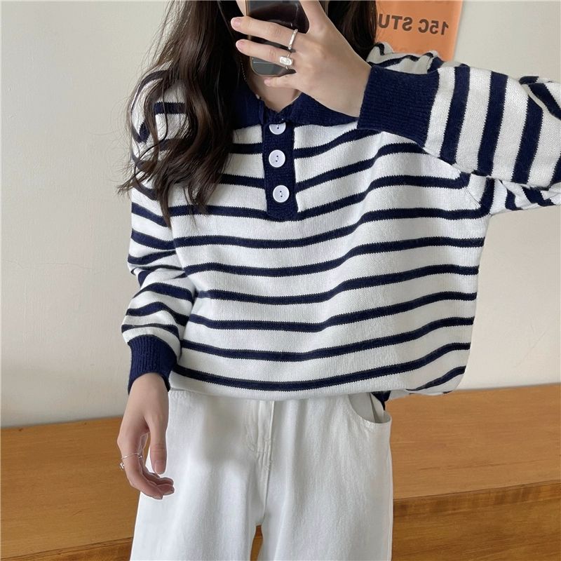 Polo Stripes Knit Import - Atasan Polo Rajut Wanita - Korean Polo Knit TM (51047)