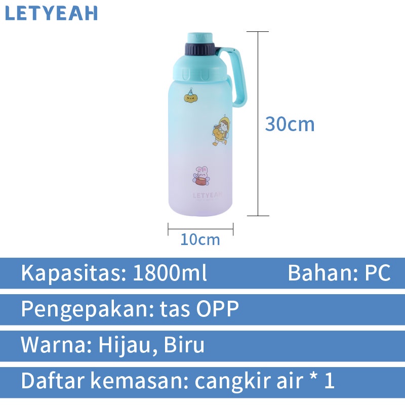 letyeah Botol minum 1800ml jumbo portable tahan bocor dengan sedotan / bpa free