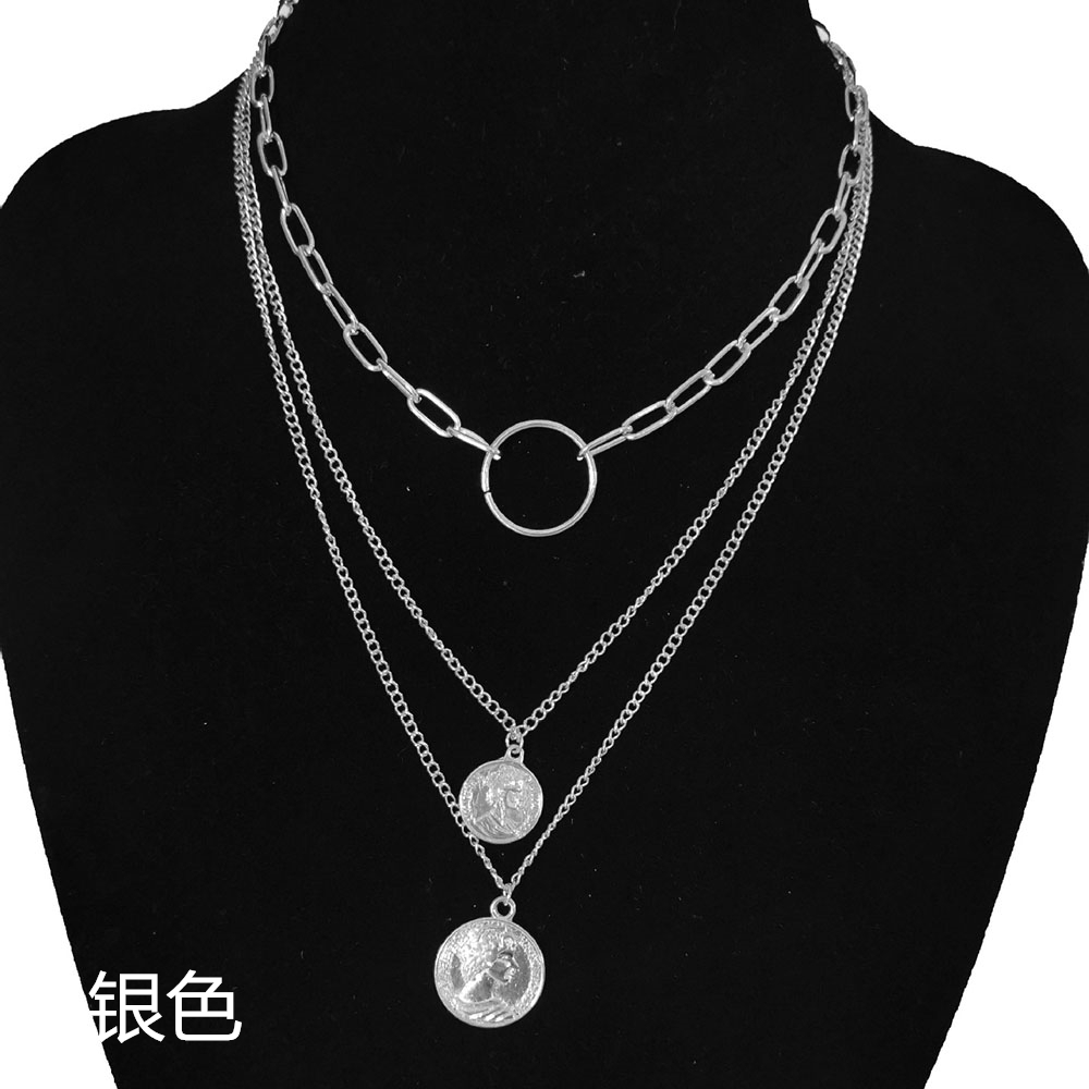3 Set Kalung Rantai Banyak Lapis Desain Kepala Geometris Gaya Eropa Amerika Untuk Wanita