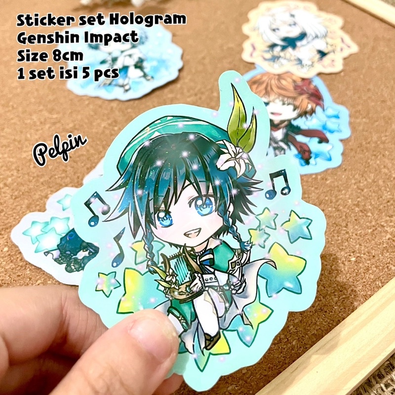 sticker set hologram genshin impact glitter stiker besar 8cm anime game tartaglia venti chongyun