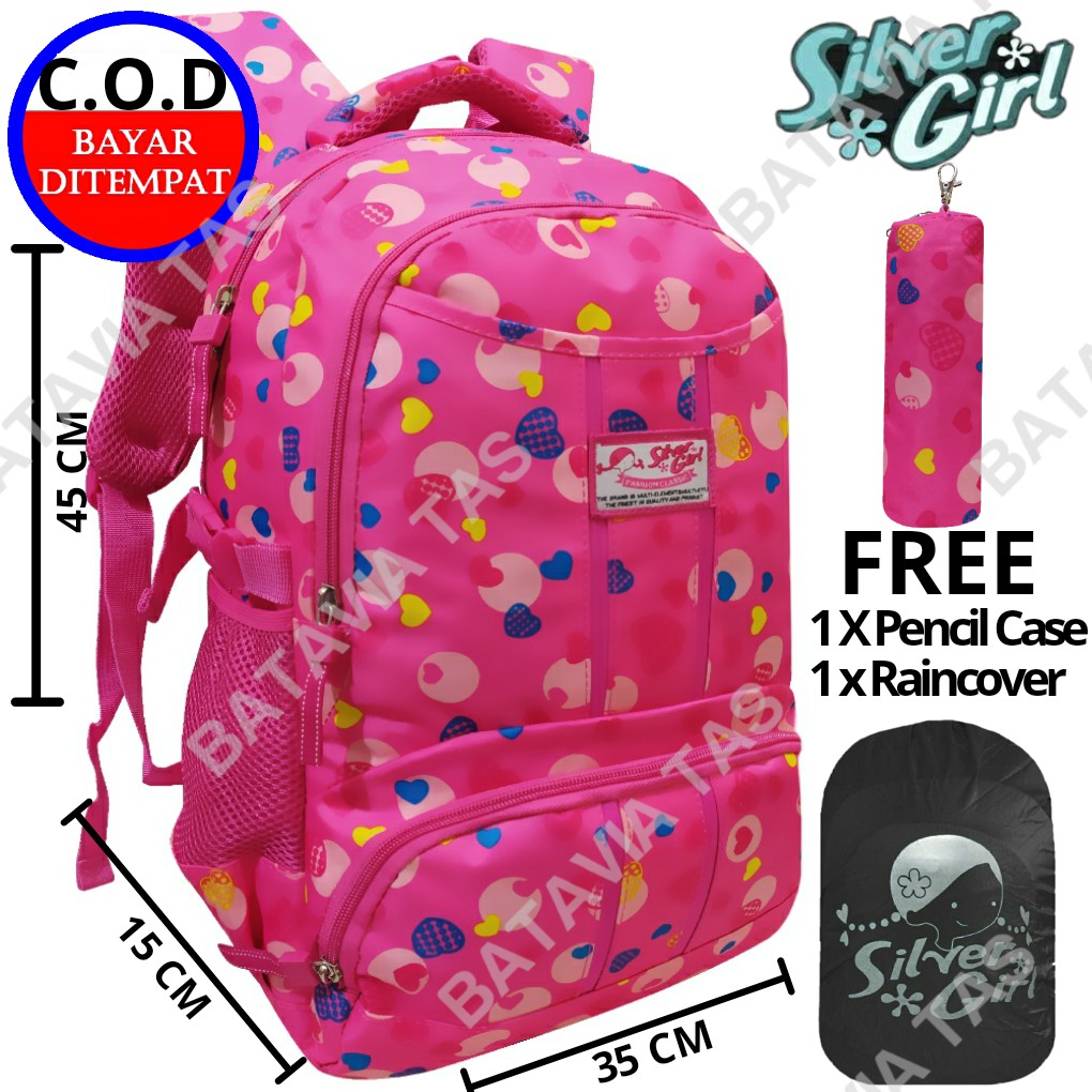 Tas Ransel Anak Sekolah Perempuan SILVER GIRL ORIGINAL LOVE LINE FANTA BONUS Pencil Case + Jas Hujan