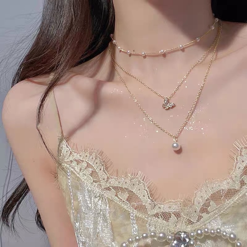 Kalung Rantai Choker Hias Liontin Kupu-Kupu Hati Kristal Mutiara Warna Emas Perak Untuk Wanita