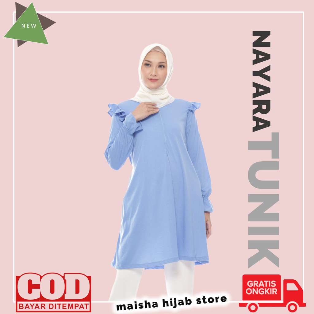Baju Atasan Manset Tunik Muslim Long Tunik Import Polos Biru Lengan Panjang Wanita Remaja Cewek Cewe