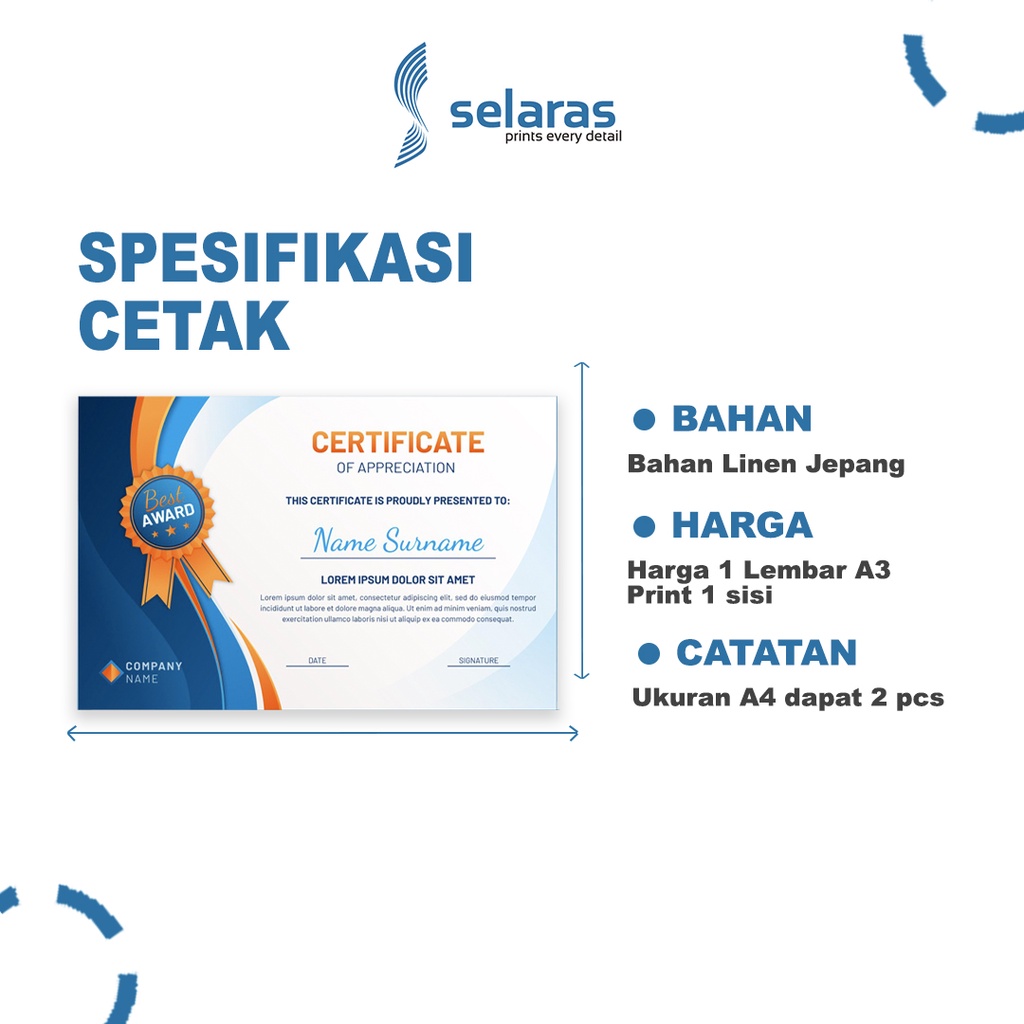 

Print Kertas Bahan Linen 1 Lembar A3 untuk Sertifikat atau Piagam