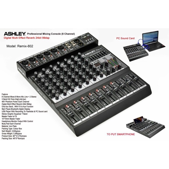 Mixer ASHLEY 8 Channel REMIX-802 Original Bluetooth SoundCard