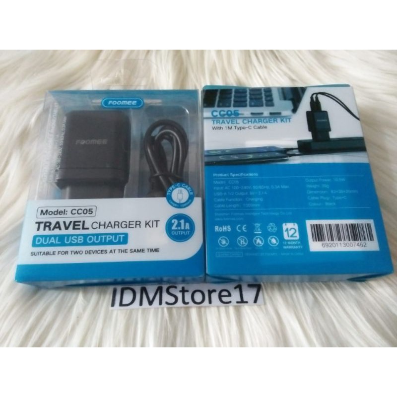 Travel Charger Kit Foomee CC05 Dual USB Output Max 2.1A Cable Type-C For Android Fast Charging