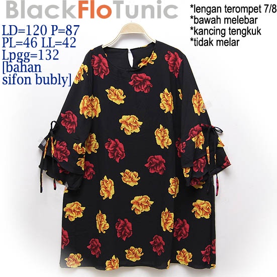 LD 120, BLACK FLO TUNIC 2L, TUNIK JUMBO WANITA, TUNIK BIG SIZE WANITA, TUNIK BUNGA JUMBO, ATASAN JUM