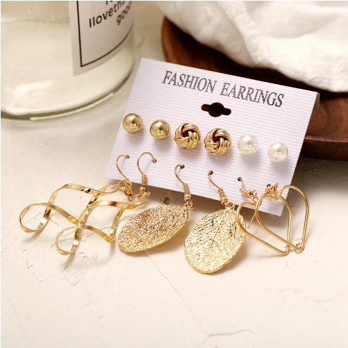 Anting Set Korea 6 Pasang Anting Tusuk Model Daun Geometri Hook dan Mutiara untuk Wanita