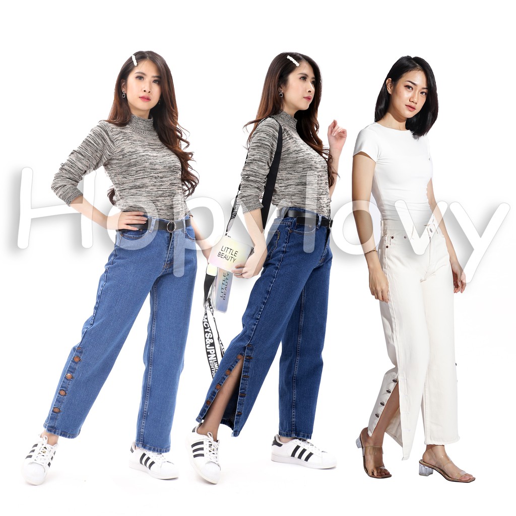 HOPYLOVY - Celana Boyfriend Jeans Wanita Model Kulot Kancing Samping Arabela