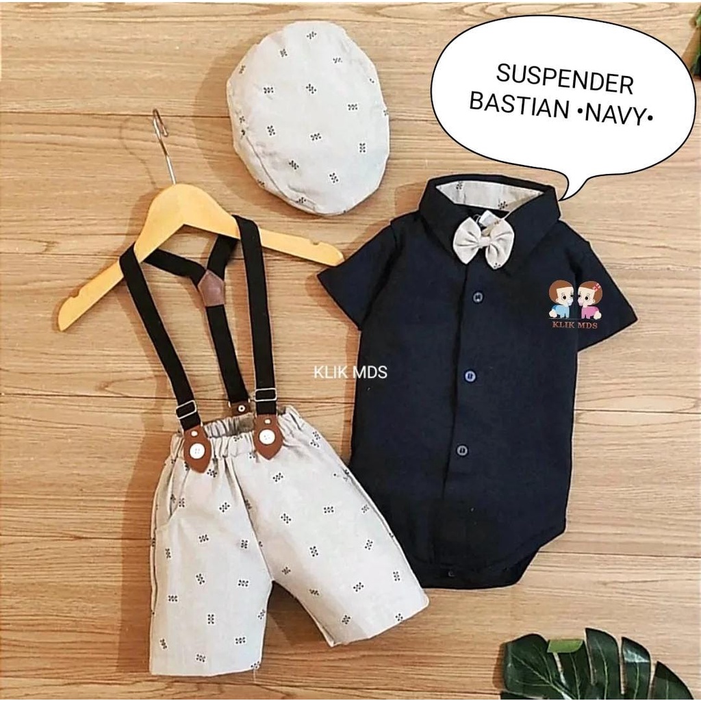 Setelan Jumper Anak Bayi Laki-laki Model Suspender Celana Denim Free Dasi Kupu Dan Topi / Hampers Kado Hadiah Motif Bastian Usia 3-12 Bulan